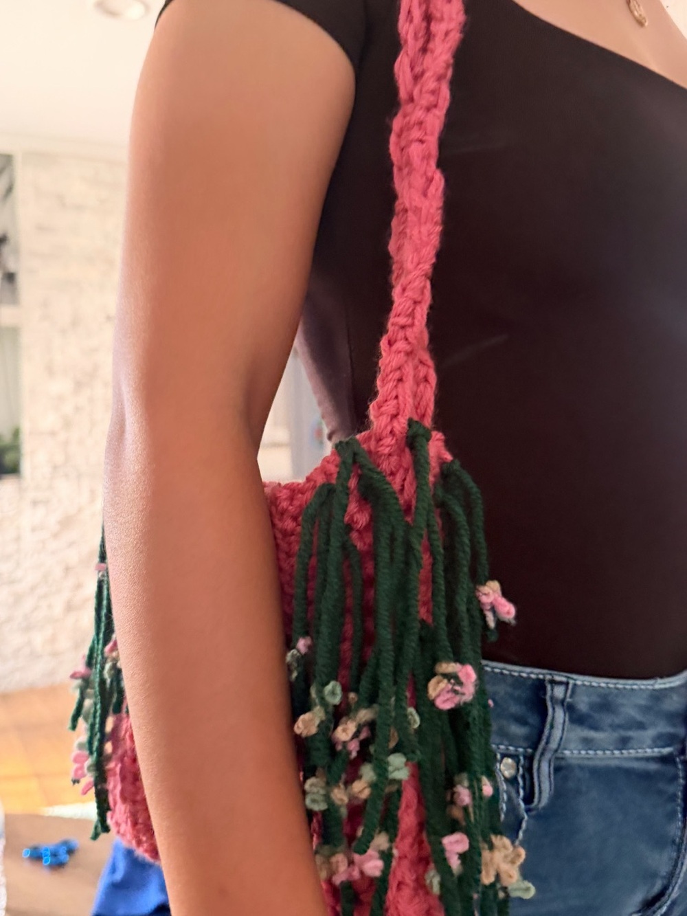Pink Crochet Shoulder Bag with Green Fringe
